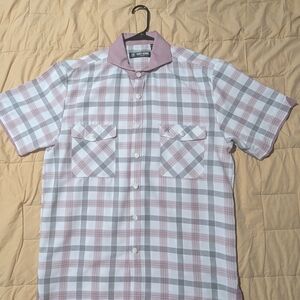 Large Stacy Adams Pink & Gray Plaid Short-Sleeve Button-Up Shirt